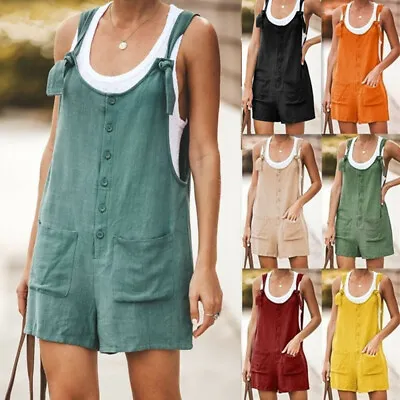 $17.96 • Buy AU Womens Summer Linen Cotton Jumpsuit Dungarees Romper Shorts Playsuit Overalls