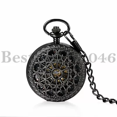 Men's Steampunk Hollow Roman Numeral Dial Skeleton Mechanical Pocket Watch Rock • $18.99