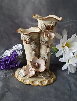 Unusual Studio Art Pottery Double Bud Vase Sculpted Flowers Decoration  • £11.90