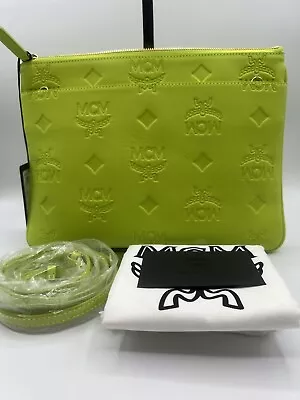 MCM Medium Monogram Leather Crossbody Pouch Clutch Bag In Lime Limited Edition • $394.99