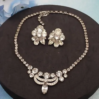 Vintage Eisenberg Ice 16  Clear Drop Swag Necklace Clip Earring Set • $99.95