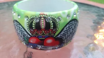 Pre-owned ED HARDY STYLE LOVE LIFE Green Crown Hearts FASHION BRACELET COLLAGE • $12