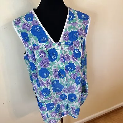 Vintage Womens Purple Floral Smock Tank Top Vest Apron One Size Buttons Pockets • $21.99