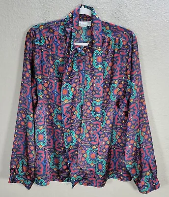 Vtg Women's Dalton Blue Red Mosaic Blouse Shirt Secretary Neck Tie Sz 14 • $27.67