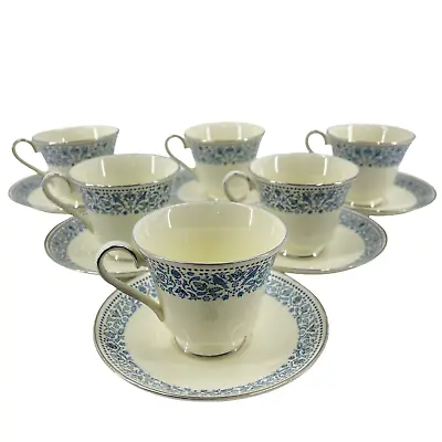 Vintage Minton Bone China Pomona 6 Tea Coffee Cups & Saucers Ivory Blue Floral • $65.72