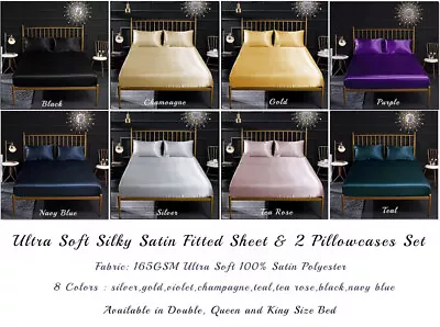 Ultra-Soft Silky Satin Fitted Sheet & 2 Pillowcases Set - 8 Colors • $44