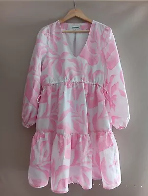 COUNTRY ROAD Pink And White Tiered V Neck Dress W Drawstring Waist Sz 10 • $35