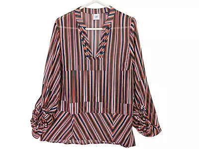 CAbi Women Size L Long Sleeve Sheer Tunic Popover Orange Stripe Pintuck • $19.97