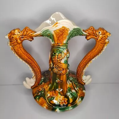 Vintage Chinese Vase With Dragon Handles Porcelain Dragon Floral Design • $99.95