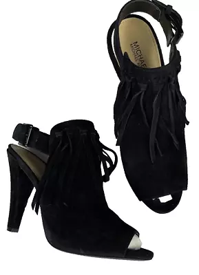 Michael Michael Kors  Kassidy  Open Toe  Booties In Black Suede Fringe Size 7M • $35.77