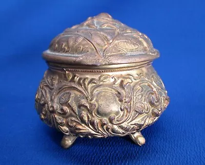 Art Noveau Round Gilded Metal Jewel / Trinket Box.  Raised Relief Floral  On Lid • $39.99