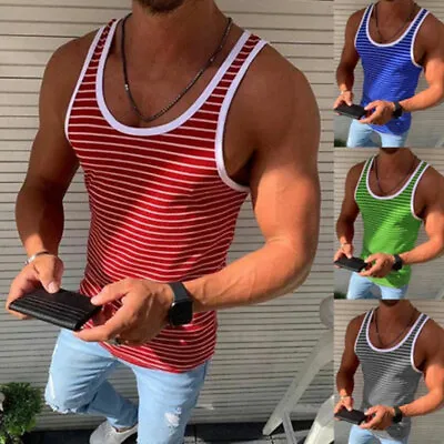 Mens Casual Sports Gym Fitness Tank Tops Stripes Sleeveless Vest Muscle T-Shirt • $14.20