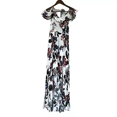 Illa Illa Maxi Dress Sz M Floral Off Shoulder Ruffle Waterfall Hem Femine Boho • $17.95