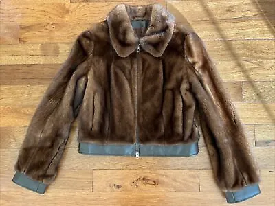 Custom Genuine Brown Ranch Mink Fur Short Bomber Jacket Leather Trim Detail 44 M • $535