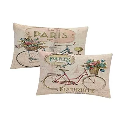 2Pack Bicycle Throw Pillow Cover Vintage Style With Tower/Flower 12  X 20  • $19.15