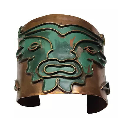 Vintage Mexican Copper Wrist Cuff Bracelet Green Raised Bull Texture 2-1/2 In • $24.99