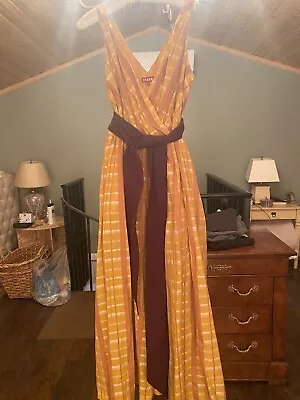 $100 • Buy Staud Mika Mustard Gold Plaid Wide Leg Jumpsuit Large V-neck With Original Belt!