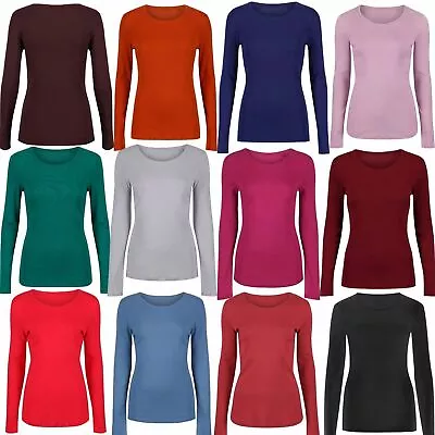 Womens Plain Tshirt Ladies Long Sleeve Scoop Neck T Shirt Top Plus Size 8-26 • £6.29