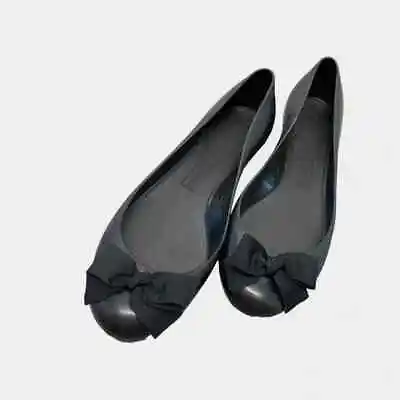 JCrew Rainy Day Jelly Flat Black PVC Fabric Bow Sz 6 NEW • $20