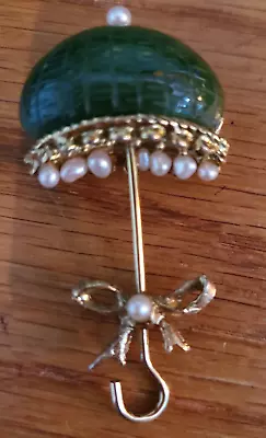 Swoboda Green Carved Jade/pearl Umbrella Brooch • $145