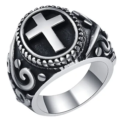 Men's Vintage Stainless Steel Christian Holy Cross Prayer Ring Band Size 9-13 • $13.99