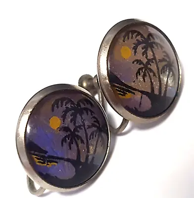 Vintage Butterfly Wing Sunset Beach Earrings Screw Backs Palm Trees Scene Morpho • $19.95