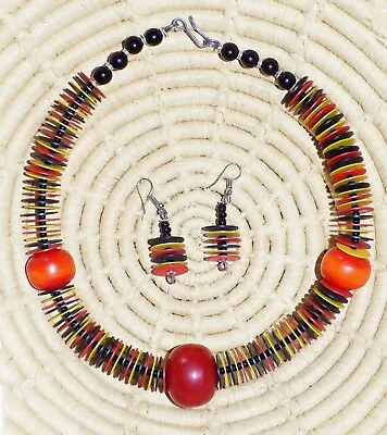 African Resin & Heishi Choker & Earrings Set Jnha10 • $15.97