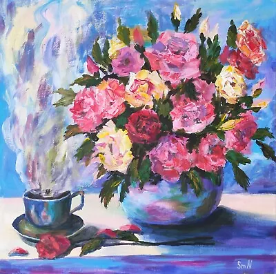 $78 • Buy Original Art Rose Abstract Floral Modern Painting Canvas Flower Vase Coffee OOAK