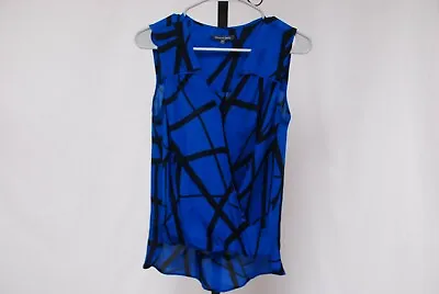 Awesome MICHAEL STARS Sleeveless Mock Wrap High Low Blue Geometric Silk Top XS S • $5.99
