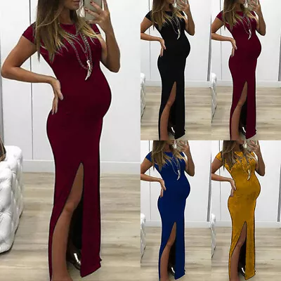 Pregnant Womens Short Sleeve Bodycon Dress Maternity Summer Maxi Sundress UK • £11.19