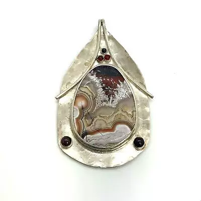Vintage Sterling Sign MC Mary Chavez Navajo Natural Botswana Agate Stone Pendant • $110