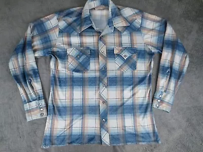 Vintage H Bar C Shirt Men Medium* Blue Plaid Permanent Press Pearl Snap *ALTERED • $21.56