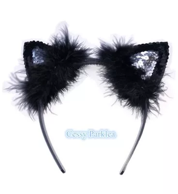 SN-E1-2 Cat Girl Cat Woman Furry Cat Ears Headband With Black Silver Sequins • $9.45