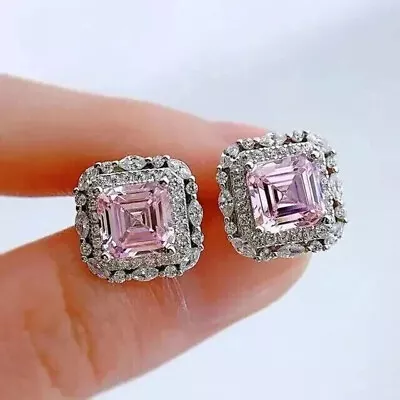 2Ct Asscher Cut Lab-Created Pink Sapphire Stud Earring 14K White Gold Plated • $119.99