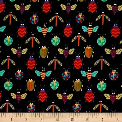 Michael Miller Fabrics Pesky Bright Insects On Black 100% Cotton Half Metre • £2