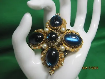 Vintage Hattie Carnegie Cobalt Dark Blue W/ Seed Pearl Accent Pin Brooch • $399.99