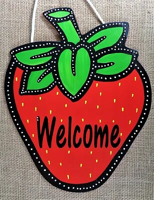 WELCOME STRAWBERRY SIGN Wooden Plaque Family Wall Art Decor Hanger Wood • $13