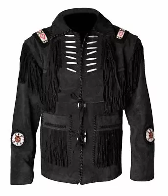 Men's Native American Leather Jacket Fringe Black Suede Western Cowboy Jacket • $134.99