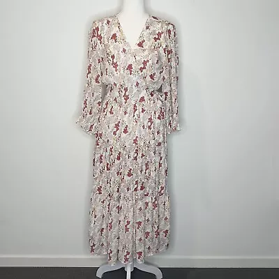 Mint Vanilla Size 14 Boho White Floral Long Bell Sleeve Maxi Wrap Dress • $28.99