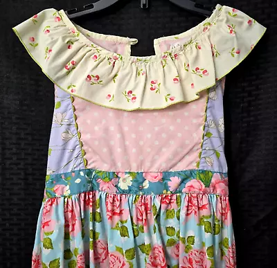 Matilda Jane Pink Trellis Dress 12 Girl Sundress Tank Pink Rose Floral Ruffle • $29.99