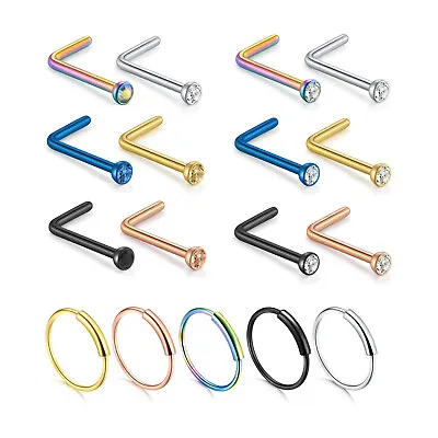 17PCS Surgical Steel Nose Ear Stud Nose Hoop Ring L-Shaped Bar Body Piercing 20G • $10.99