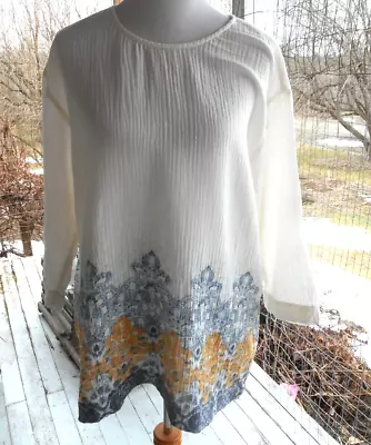 Pure Jill J Jill Cotton Gauze Made In India Tunic Top Ivory With Lower Print L • $14.95