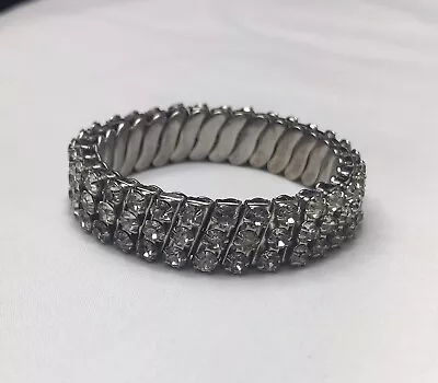 Vintage Clear Rhinestone Accordion Bracelet  Flex Stretch 3 Row GUC • $7.64