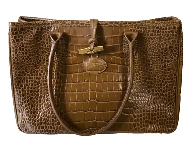 Authentic Longchamp Roseau Paris Brown Croc Embossed Leather Made In France • $129