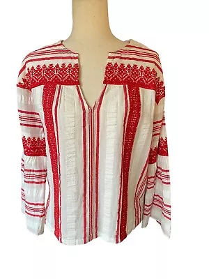 Joie Mexican Top Peasant Embroidered Red White Bell Sleeve Small Blouse Boho • $18