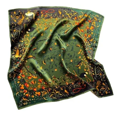 100% Mulberry Silk 20  Square Scarf Women Neckerchief Wrap Birds Print Green • $10.30