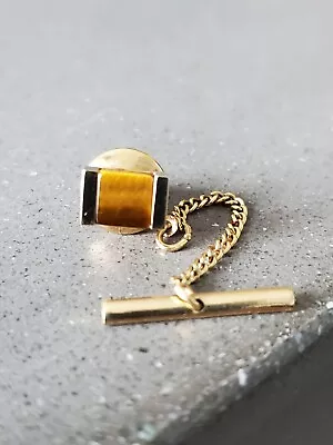 Vintage Tigers Eye Square Gold Tone Tie Tack Pin With Chain And Bar • $0.99