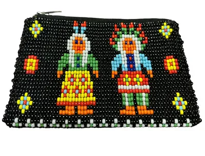 Vtg Native Indian Beaded Leather Coin Purse Man Woman People Zip 4x3 Black • $22