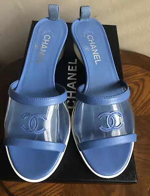 19s Chanel Pvc/lambskin Cc Logo Transparent Blue Mules/slides Iconic Size 39 • $954