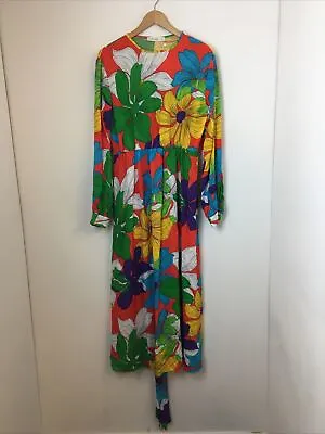 Touche Prive Multi Floral Print Long Sleeved Maxi Dress Tie Detail UK 14 B44 • £22.99